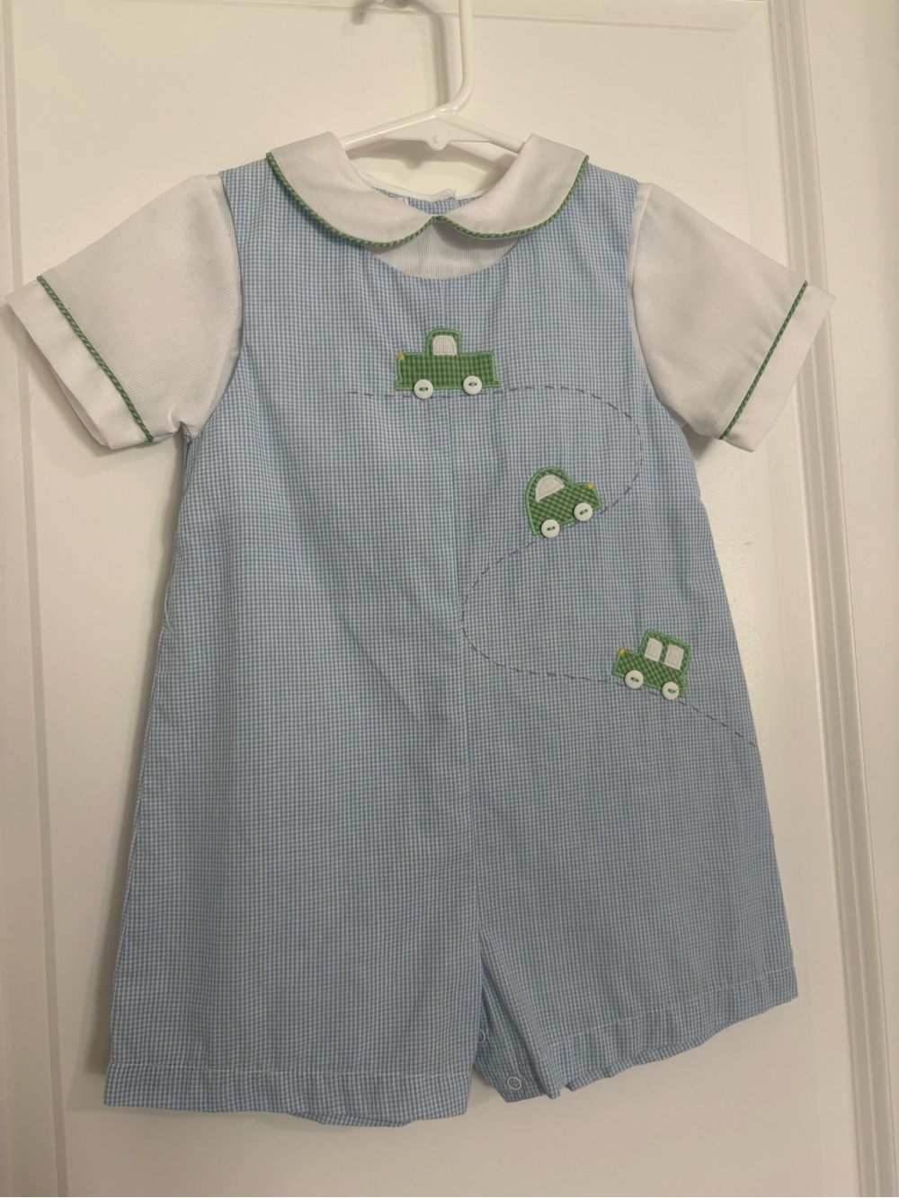 Petit Ami Heirloom Jon Jon Bubble Romper 18M Blue Gingham Cars